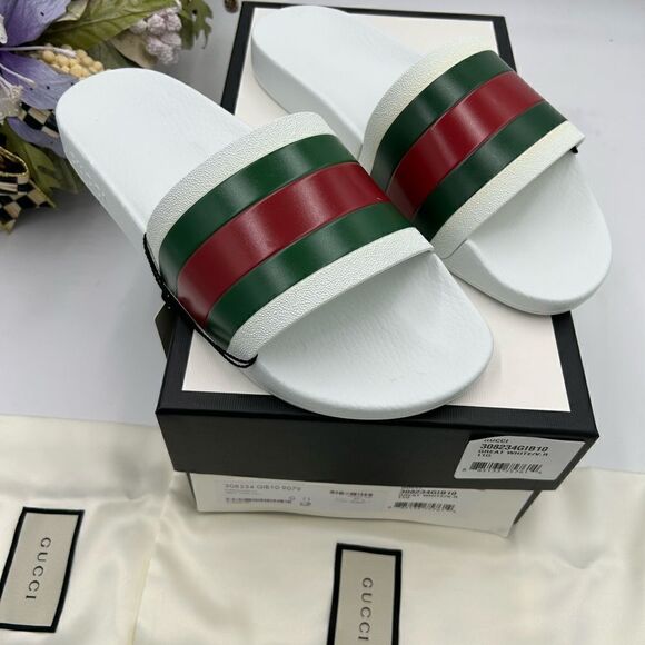 Men’s Gucci, pursuit, red, white and green pool slides size 6, made in Italy - Picture 3 of 9